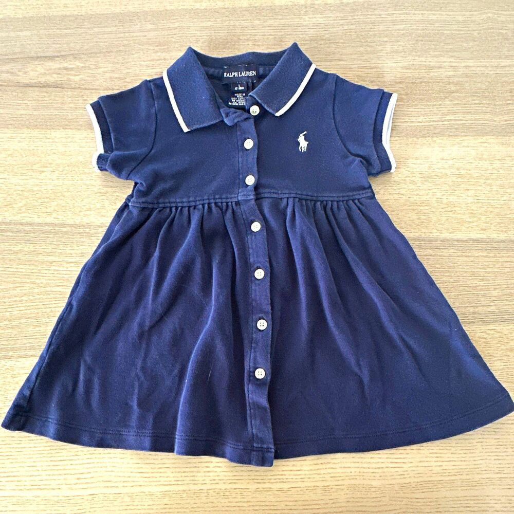 Vintage Ralph Lauren Girls 12-18 Months Navy Polo Cotton Knit Shirt Dress baby